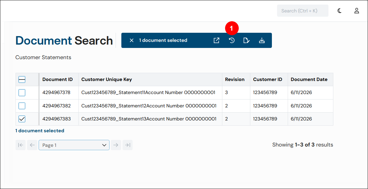 The Keep search results with a multi-revision file selected and the location of the Revision History icon shown.